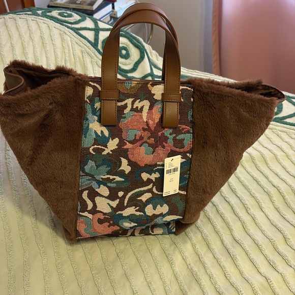 NWT Anthropologie Floral Patterned Brown Faux Fur Tote Bag - Picture 1 of 13